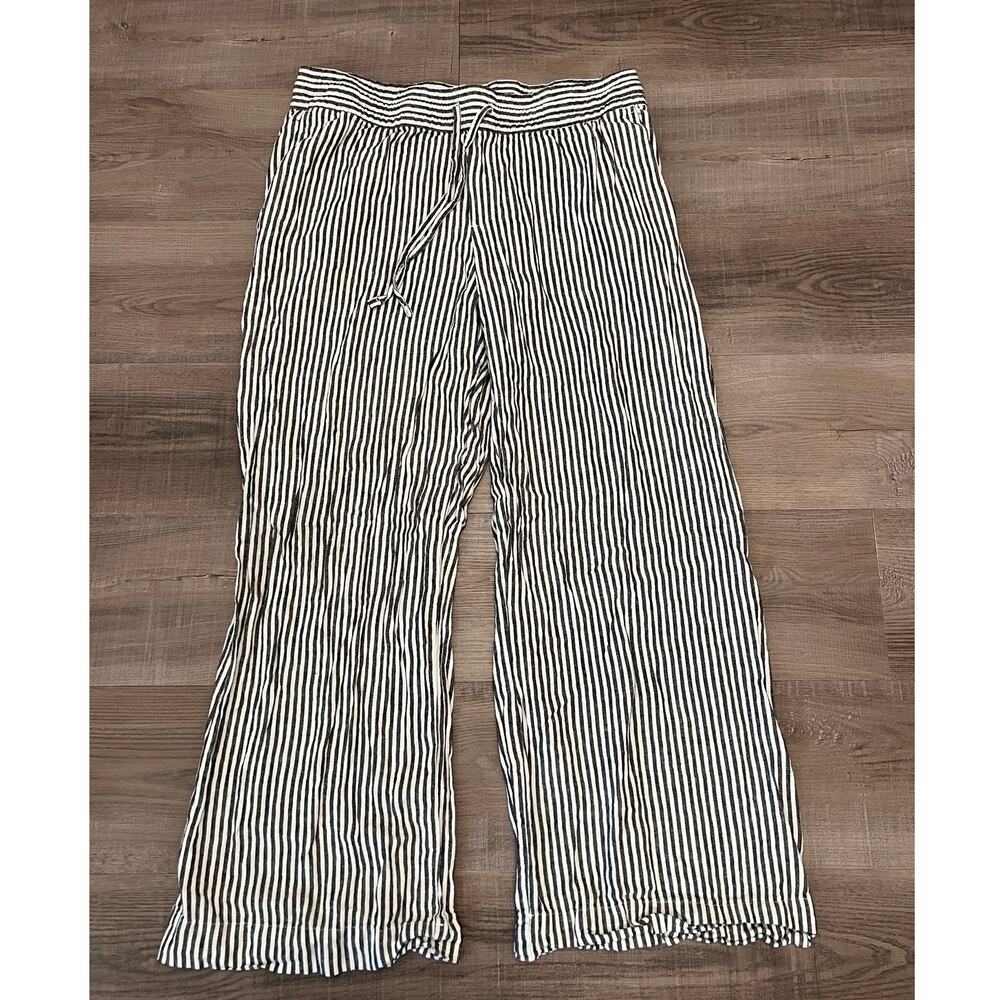 Gray & White Striped Linen Blend Wide Leg Pants